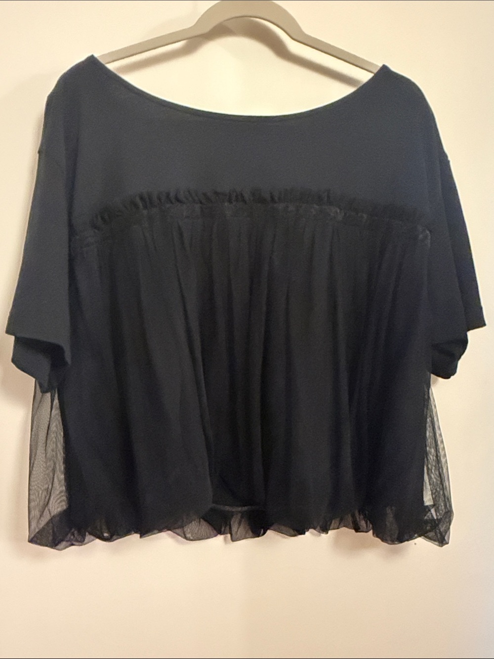 MAEVE Black Short-Sleeve Mesh-Overlay Women's BUBBLE HEM TOP ANTHROPOLOGIE LARGE - Picture 2 of 6